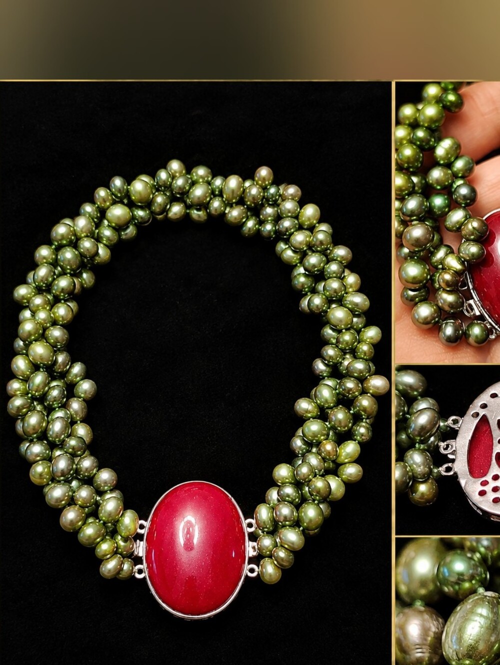 Vintage 80s Green Freshwater Pearl Multi Strand Necklace Large Red Natural Stone